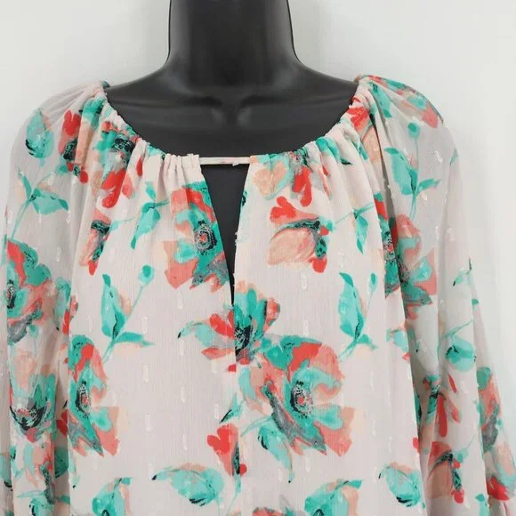 Kaari Blue Sz L Multi Pink Floral Santorini 3/4 Sleeve Ruffle Front Tie Top Lace - Picture 4 of 13